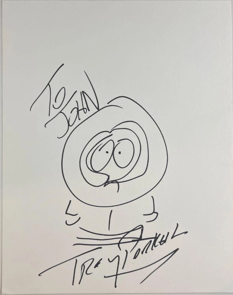 South Park: Trey Parker Hand-Drawn 14" x 11" Kenny McCormick Sketch (Beckett Authentication): White matte 14" x 11" illustration of the character Kenny McCormick from the television show "South Park," drawn in black felt tip marker by cartoonist Trey Parker, who inscribed "To John" before his