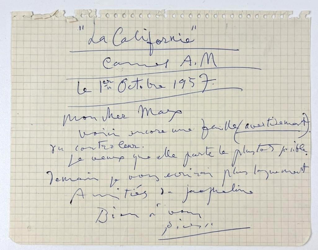Picasso Signed & Handwritten "La California" October 1957 Letter (Third Party Guaranteed): Desirable autograph letter written and signed in blue ballpoint pen by artist Pablo Picasso on a white grid-lined 6.75" x 9" sheet. Dated October 1, 1957, the letter is written from his celebrated