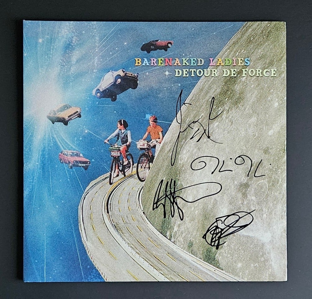 Barenaked Ladies Group Signed "Detour De Force" Album (4 Sigs) (Third Party Guaranteed): "Detour De Force" album signed on the cover in black felt tip marker by Barenaked Ladies band members Ed Robertson, Tyler Stewart, Jim Creegan, and Kevin Hearn. Measuring approximately 12" x 12" and