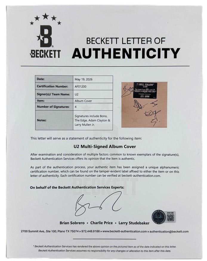 U2 Fully Group Signed "I Will Follow" Album Single (5 Sigs) (Beckett Authentication) - 5