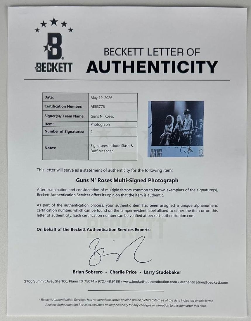 Guns N’ Roses: Slash & Duff McKagan Signed 8" x 10" Promo Photo (2 Sigs) (Beckett Authenticati - 3