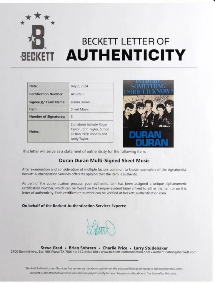 Duran Duran Fully Group Signed "Is There Something I Should Know" Sheet Music (5 Sigs) (Beckett) - 2