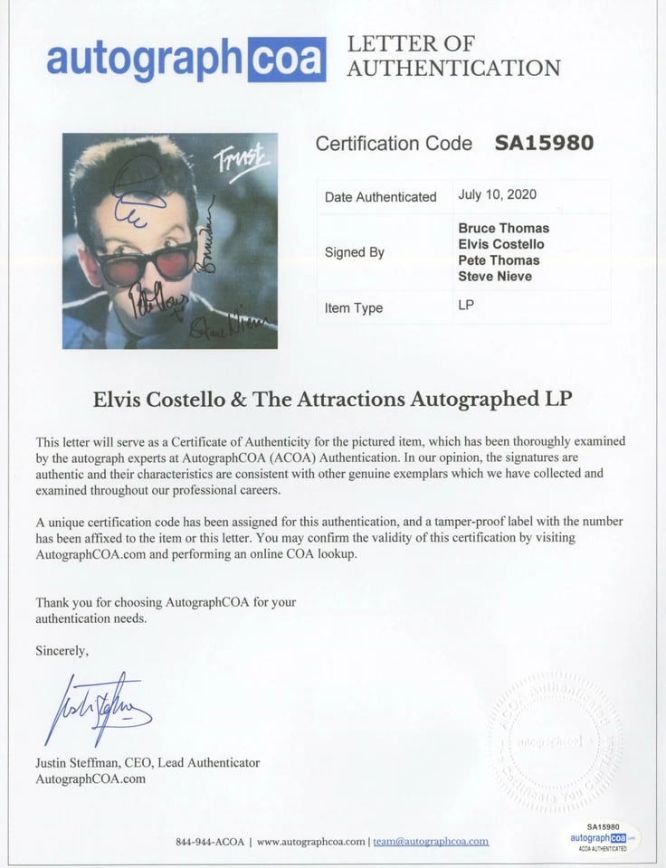 Elvis Costello & the Attractions Fully Group Signed “Trust” LP Album (4 Sigs) (ACOA Auth - 2