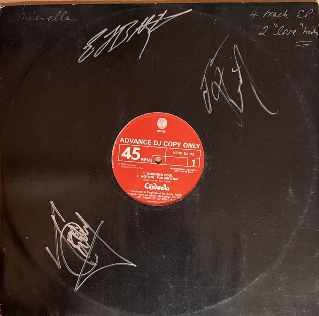 Cinderella Group Signed "Nobody's Fool" Album Single (3 Sigs) (Third Party Guaranteed): "Nobody's Fool" album single signed on the cover in silver felt tip marker by Cinderella band members Tom Kiefer, Eric Brittingham, and Fred Coury. Measuring approximately 12" x 12" and in very good