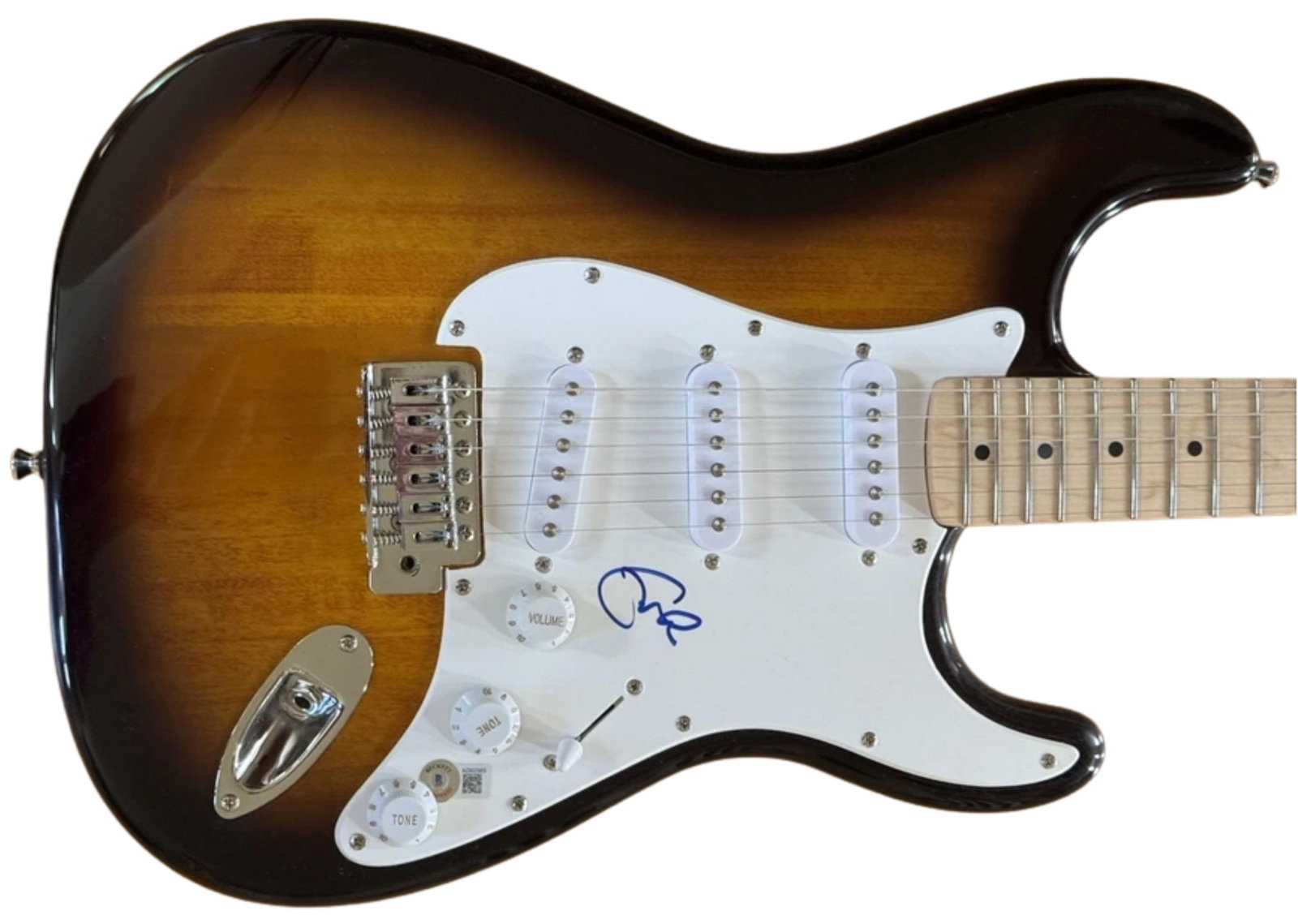 Eric Clapton Signed Sunburst Fender Stratocaster-Style Guitar (Beckett Authentication): Sunburst color Fender Squire Stratocaster-style electric guitar signed on the pickguard in blue felt tip marker by musician Eric Clapton. Measuring 38.5” x 17.5” and in fine condition. Acc