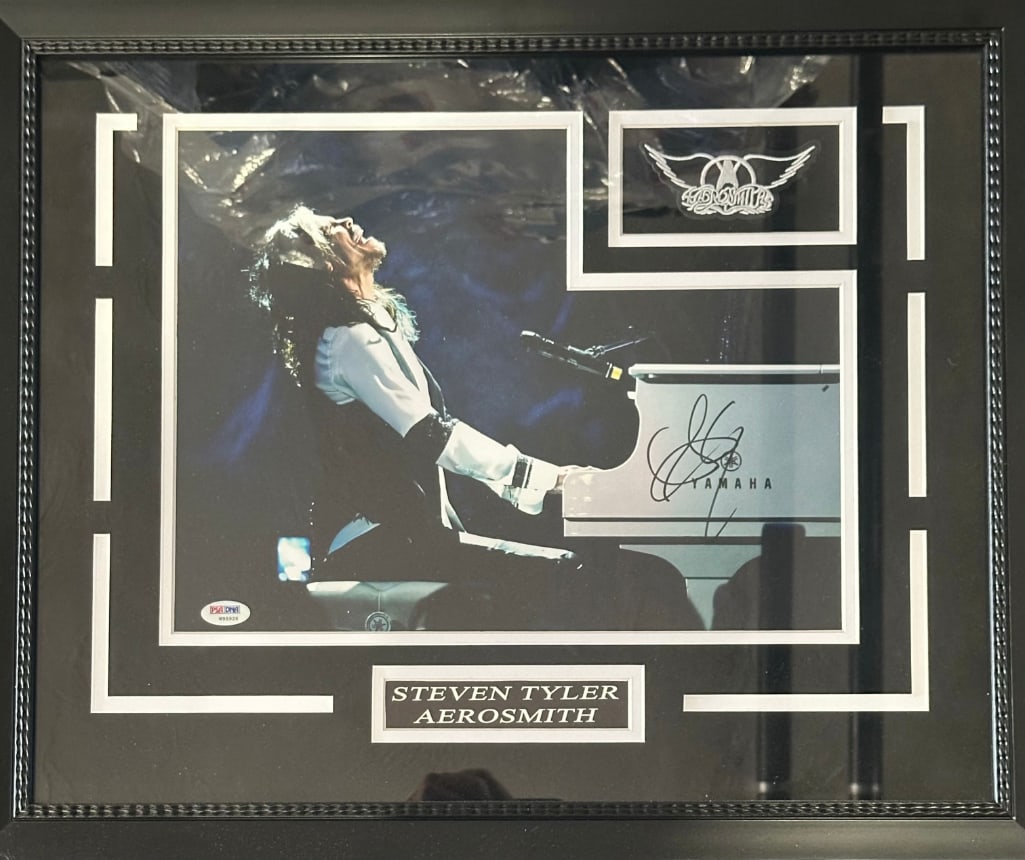 Aerosmith: Stephen Tyler Signed 11" x 14" Photo Framed Display (PSA/DNA Authentication): Color 11" x 14" photo frame display signed in black felt tip marker by Aerosmith band member Stephen Tyler. Photo is displayed in a frame measuring 18" x 22" overall. In fine condition. Authenticated 