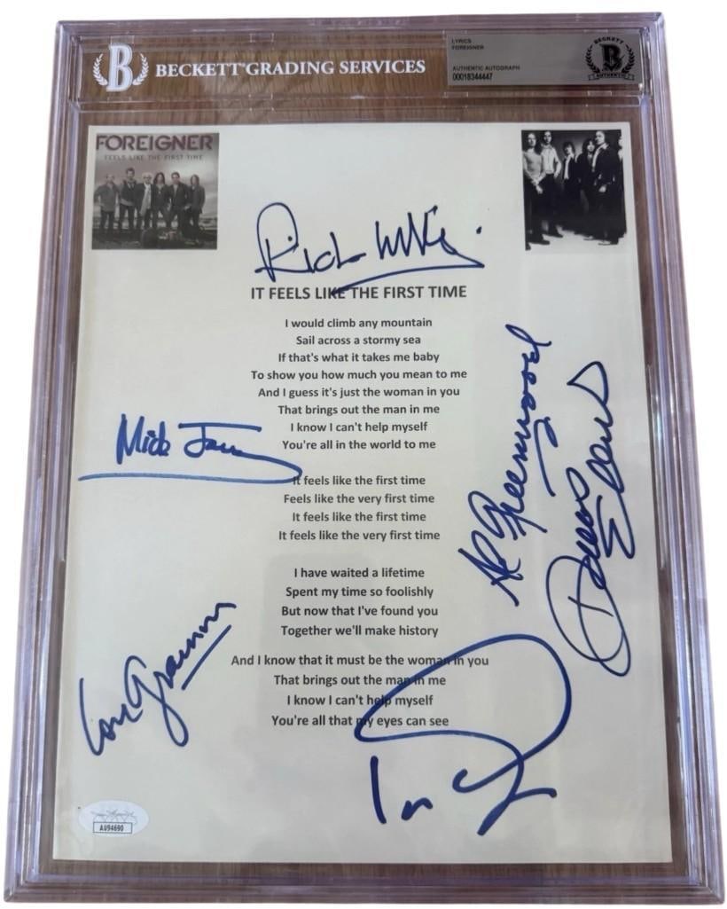 Foreigner Group Signed “It Feels Like the First Time” Lyric Sheet (6 Sigs) (Beckett Enca: White 11" x 8.5" “It Feels Like the First Time” lyric sheet signed in blue felt tip marker by Foreigner band members Lou Gramm, Mick Jones, Rick Wills, Ian McDonald, Al Greenwood, and