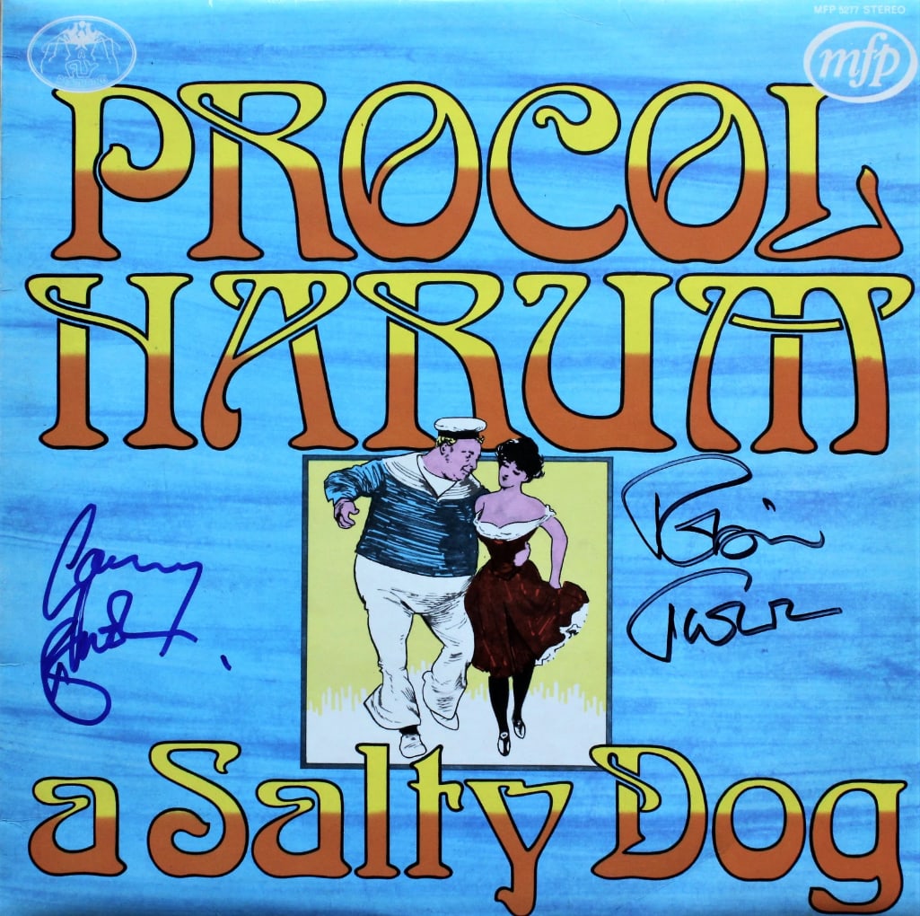 Procol Harum: Robin Trower & Gary Brooker Signed “A Salty Dog” Album (2 Sigs) (ACOA Auth: “A Salty Dog” album signed on the cover in blue and black felt tip markers by Procol Harum band members Robin Trower and Gary Brooker. Measuring approximately 12” x 12” and in