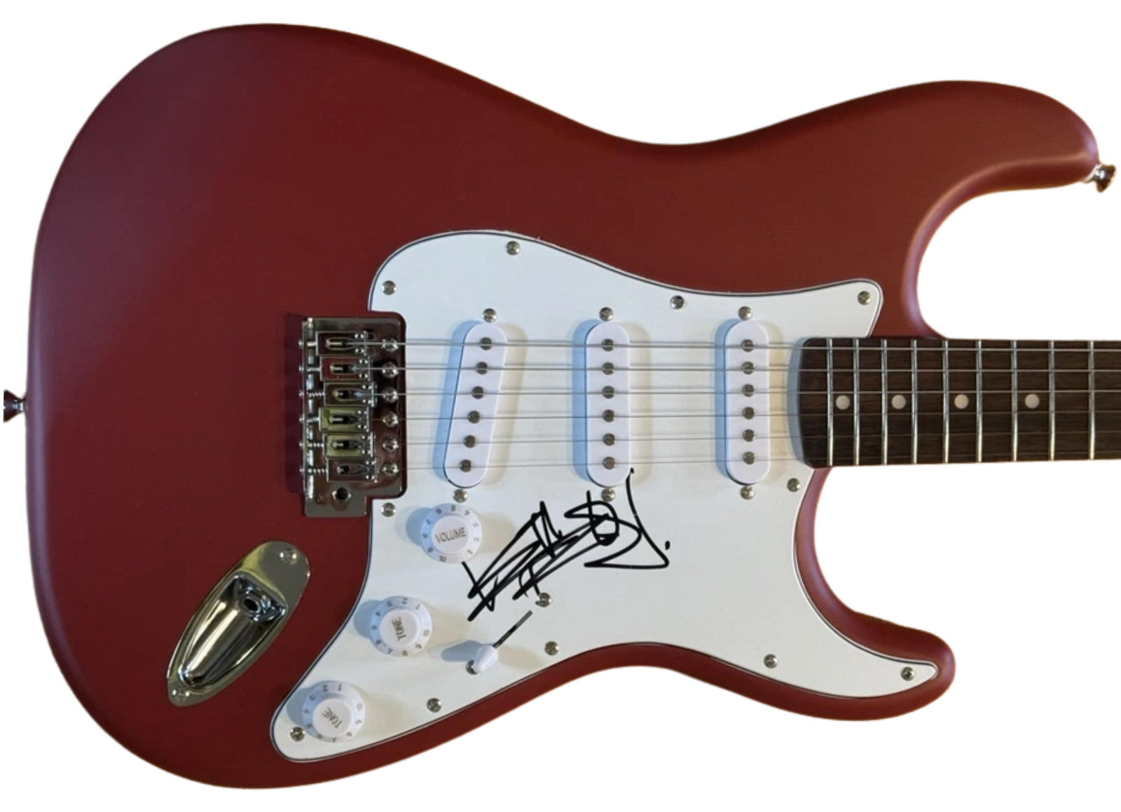 The Rolling Stones: Keith Richards Signed Fender Stratocaster Guitar (JSA Authentication): Maroon colored Fender Stratocaster electric guitar signed on the pickguard in black felt tip marker by the Rolling Stones band member Keith Richards. Measuring 39” x 17.5” and in fine cond