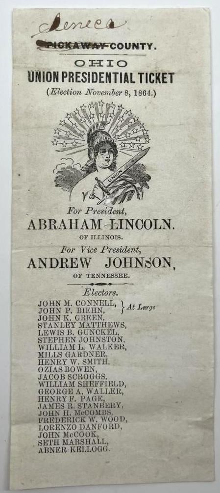 Abraham Lincoln & Andrew Johnson 1864 Union Ticket Ohio Ballot: White paper 7.75" x 3" Ohio Union ticket ballot for the 1864 Presidential election. In very good condition, with some signs of scattered wear, including some toning and creasing. At the very top