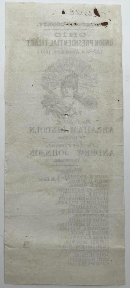 Abraham Lincoln & Andrew Johnson 1864 Union Ticket Ohio Ballot - 2