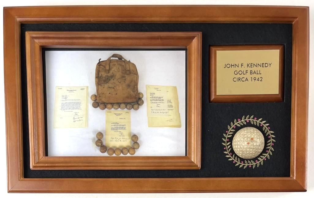 President John F. Kennedy Owned & Used Golf Ball 15.5" x 9.5" Framed Display (LOA): Nice wooden 15.5" x 9.5" framed display of authentic owned and used 2" x 2" x 2" golf ball by 35th President of the United States John F. Kennedy. Ball is framed with plaque labeled "John F. Kennedy G