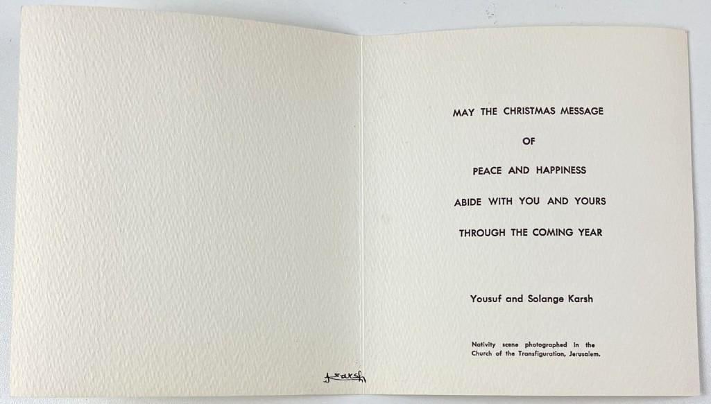 Yousuf Karsh Signed Christmas/New Years Holiday Card: White paper 6" x 11.25" Christmas/New Years holiday card signed in the bottom middle section in black ink by Canadian photographer Yousuf Karsh. Printed on the right side is the message "May the