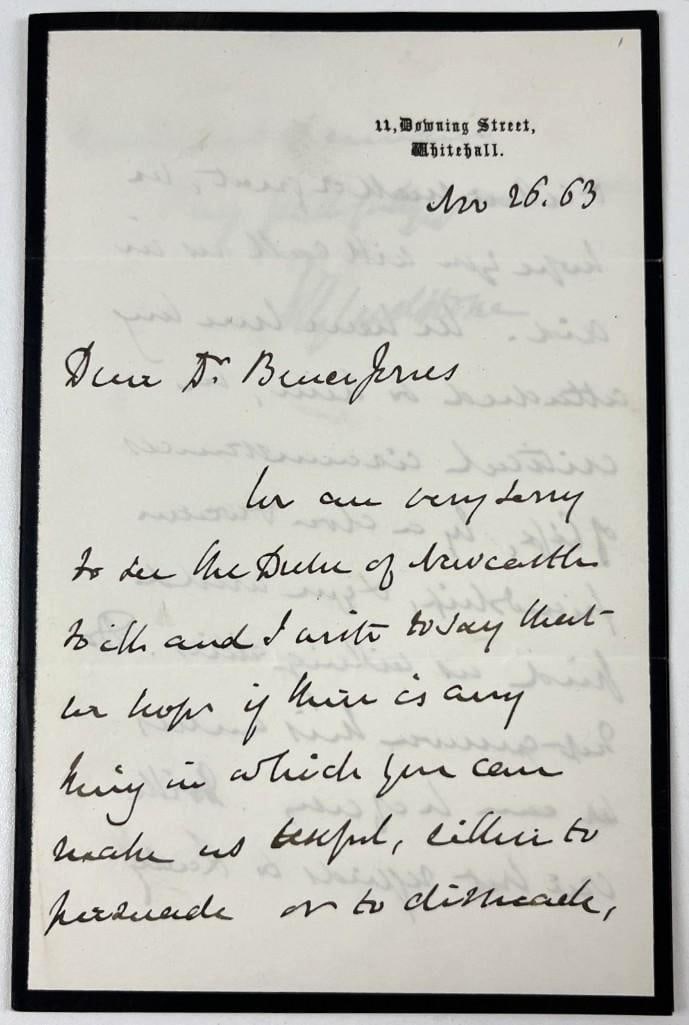 William Gladstone Signed Handwritten Letter as UK Prime Minister (Third Party Guaranteed): White paper 5.75" x 4.75" letter hand-written in black ink by four-term serving Prime Minister of the United Kingdom William Gladstone. In fine condition. The letter is dated November 26th, 1863 and
