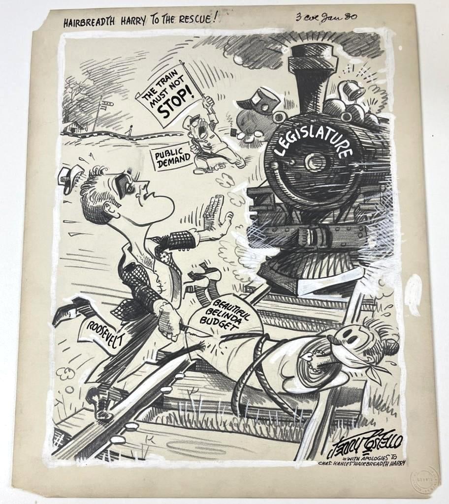 Jerry Costello Signed Original Political Cartoon "Hairbreadth Harry to the Rescue!": Paper 15.25" x 12" black graphite with white gouache highlighted political cartoon titled "Hairbreadth Harry to the Rescue! signed in black ink by editorial cartoonist Jerry Costello. This particular