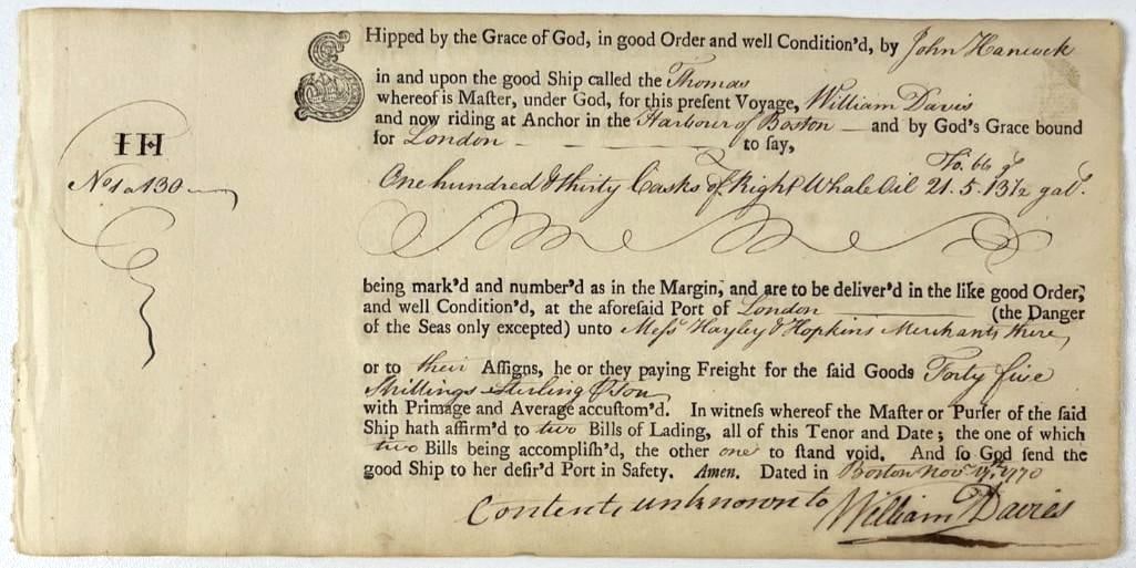 John Hancock 1770 Signed and Handwritten Boston Ship Receipt (PSA/DNA Authentication): White paper 9" x 4.5" ship receipt penned and signed in the top right corner in black ink by American founding father John Hancock. Ship receipt was for the travel on the ship "Thomas" between the Har
