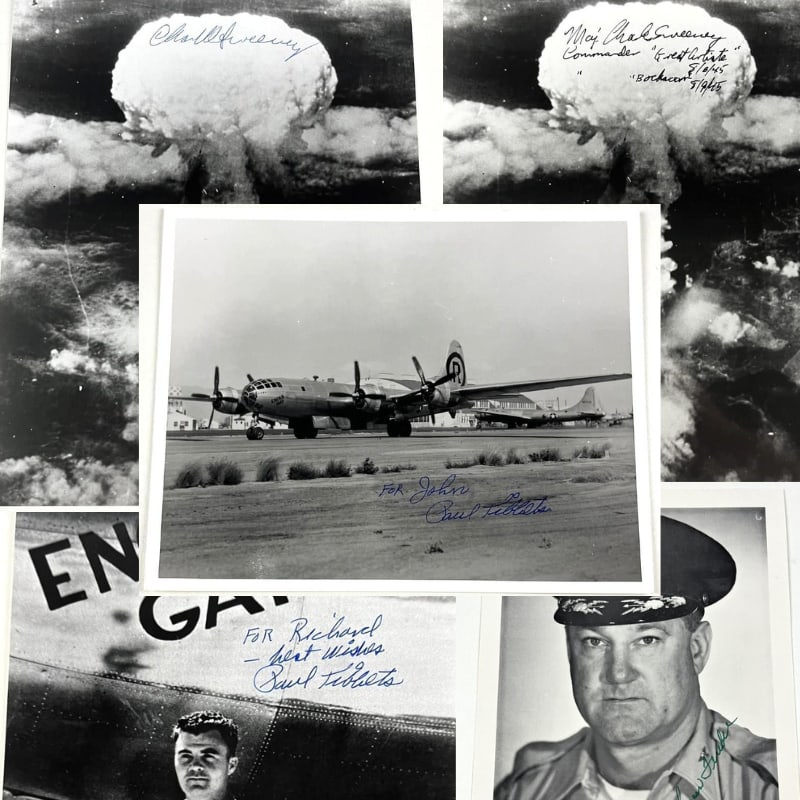 Enola Gay Pilots Paul Tibbets, Charles Sweeney & Thomas Ferebee Signed Lot of (5) Photos: Lot of (5) black-and-white 10" x 8" photos each signed by one of the pilots of the Enola Gay and their army force bomber pilots. First photo signed in blue ballpoint pen by Enola Gay pilot Paul