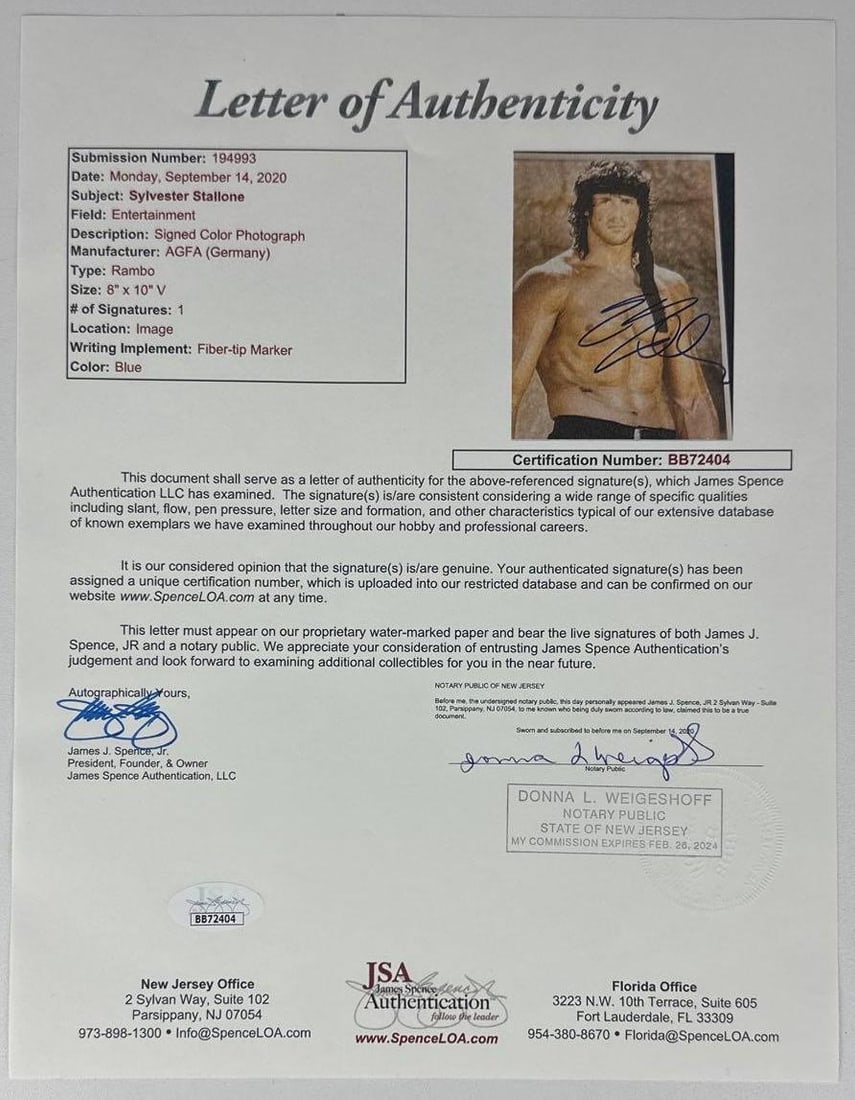 First Blood: Sylvester Stallone Signed 8" x 10" Photo as John Rambo (JSA Authentication) - 2