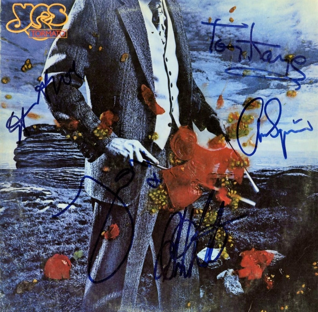 YES Fully Group Signed “Tormato” Album (5 Sigs) (ACOA Authentication): “Tormato” album signed on the cover in blue felt tip marker by YES band members Jon Anderson, Tony Kaye, Alan White, Steve Howe, and Chris Squire. Measuring approximately 12” x