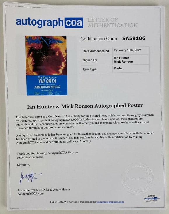 Ian Hunter & Mick Ronson Signed 30” x 20” UK Album Tour Poster (2 Sigs) (ACOA Authentica - 2