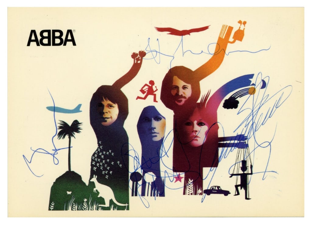 ABBA Fully Group Signed 5.75" x 4" 1977 Polar Music Promo Postcard (4 Sigs) (Tracks COA) (1 of 1)
