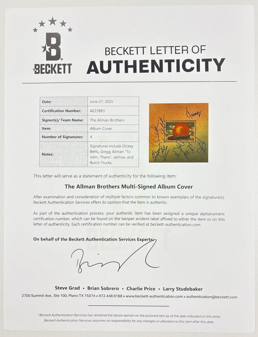 The Allman Brothers Band Group Signed "Eat a Peach" Album (4 Sigs) (Beckett Authentication) - 4