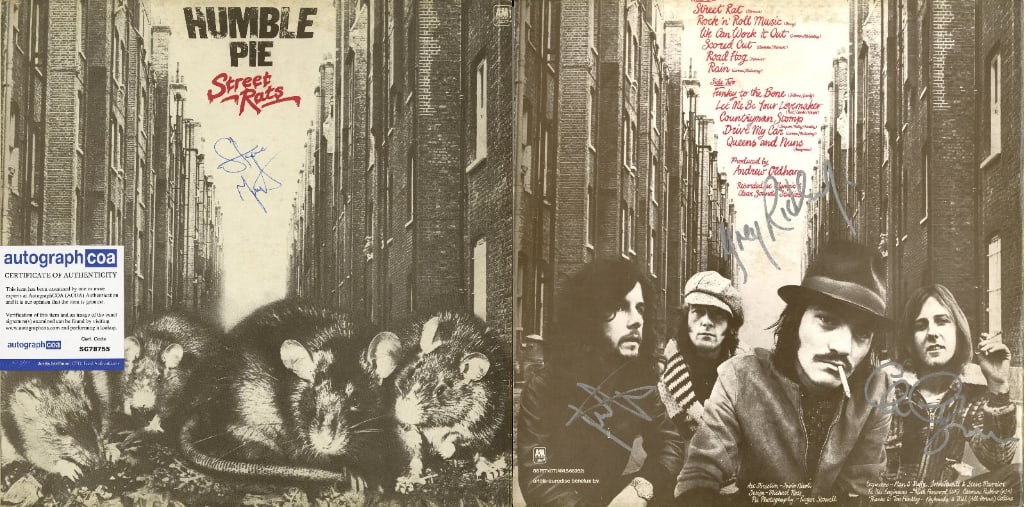 Humble Pie Group Signed "Street Rats" Album (4 Sigs) (ACOA Authentication): "Street Rats" album signed on the cover in and blue ballpoint pen by Humble Pie band member Steve Marriott, and on the back cover in silver felt tip marker by members Jerry Shirley, Greg Ridley, and