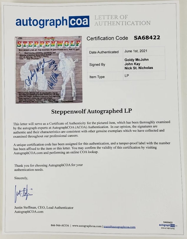 Steppenwolf Group Signed “Live at the Matrix” Album (3 Sigs) (ACOA Authentication) - 2