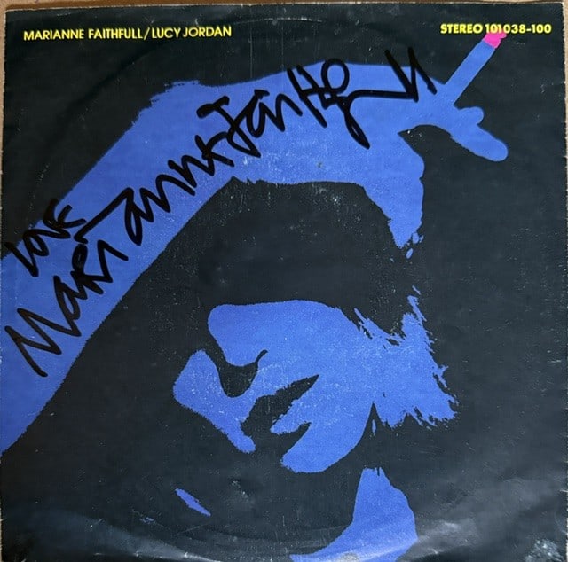 Marianne Faithfull Signed "The Ballad of Lucy Jordan" 45 (Third Party Guaranteed): "The Ballad of Lucy Jordan" 45 signed on the cover in black felt tip marker by musician Marianne Faithfull, who inscribed "love" before her signature. Measuring approximately 7" x 7" and in very good