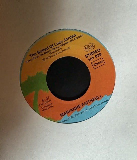 Marianne Faithfull Signed "The Ballad of Lucy Jordan" 45 (Third Party Guaranteed) - 3