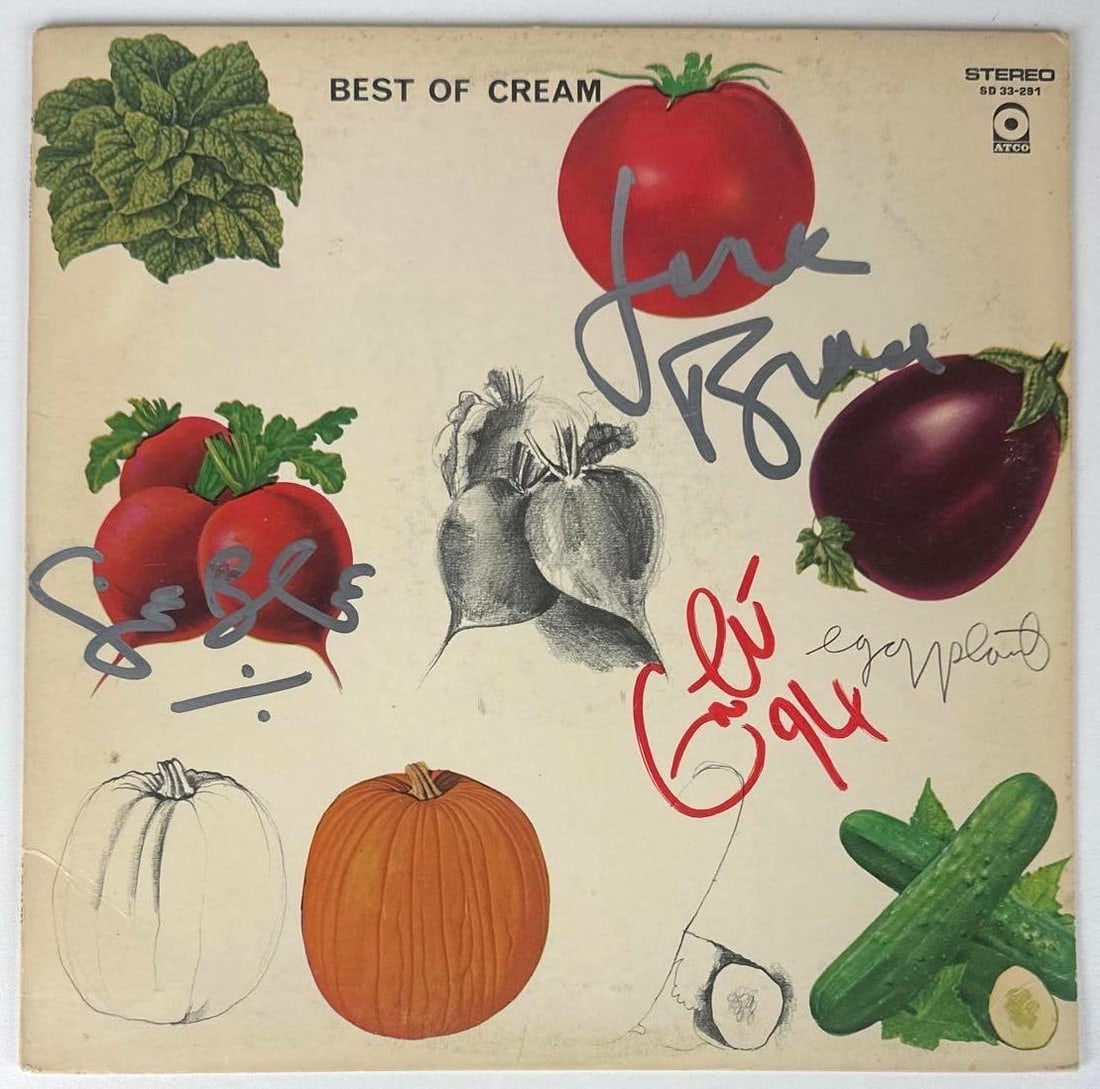 Cream Fully Group Signed "Best of Cream" Album (3 Sigs) (Beckett Authentication): "Best of Cream" album signed on the cover in silver and red felt tip marker by Cream band members Ginger Baker, Jack Bruce, and Eric Clapton, who inscribed the date "94-" after his signature.