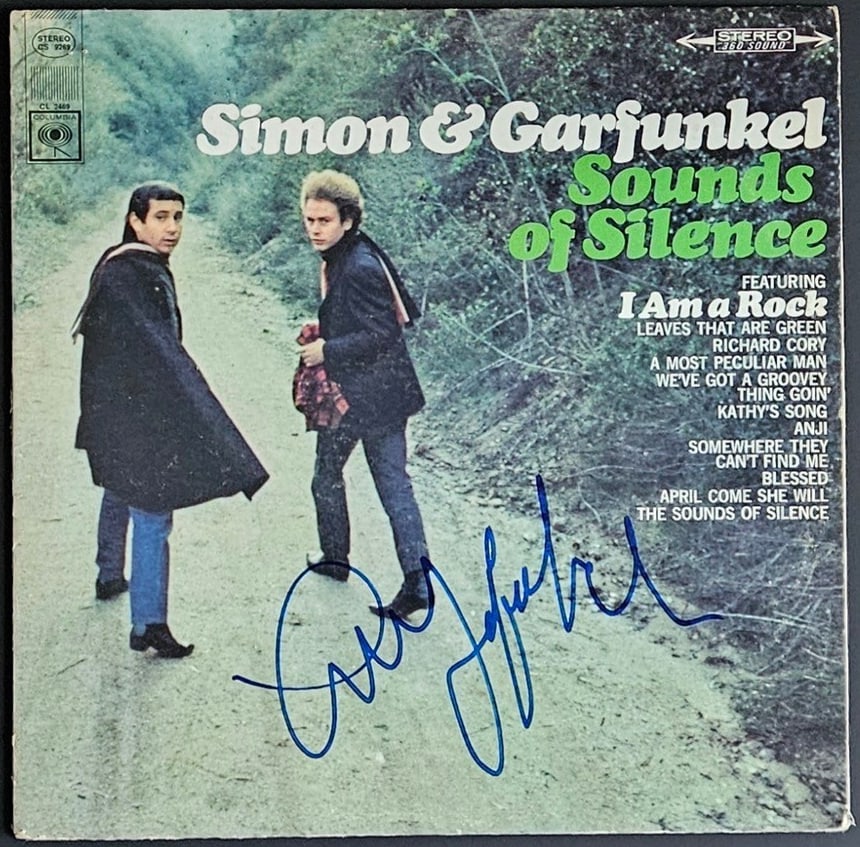 Simon & Garfunkel: Art Garfunkel Signed "Sounds of Silence" Album (Beckett Authentication): "Sounds of Silence" album signed on the cover in blue felt tip marker by Simon & Garfunkel band member Art Garfunkel. Measuring approximately 12" x 12" and in very good condition, with some signs of