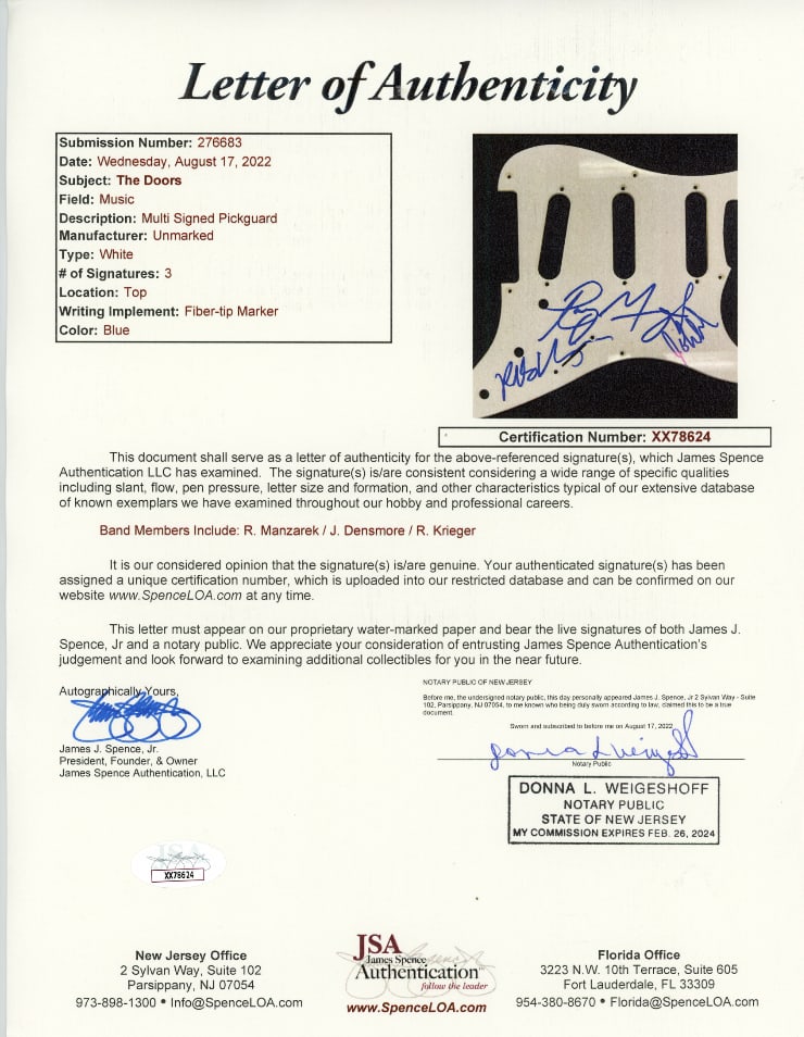 The Doors Group Signed "Greatest Hits" Themed Fender-Style Guitar (3 Sigs) (JSA Authentication) - 4