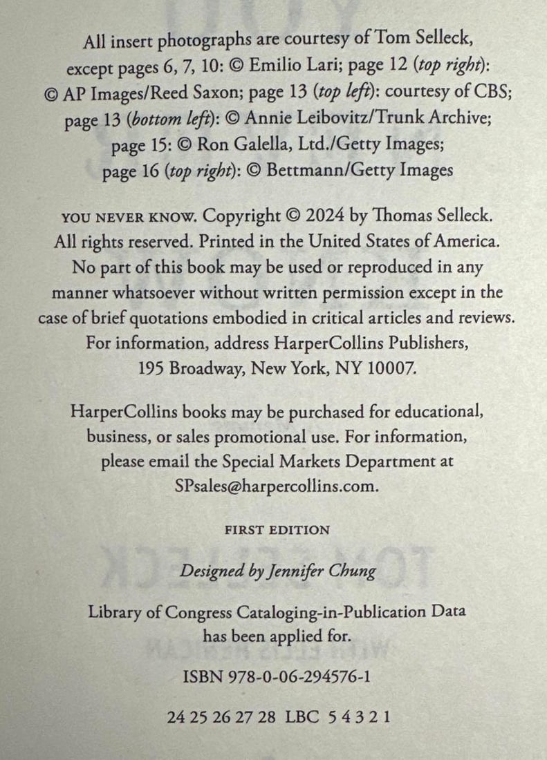 Tom Selleck Signed "You Never Know" Book (Beckett Authentication) - 5