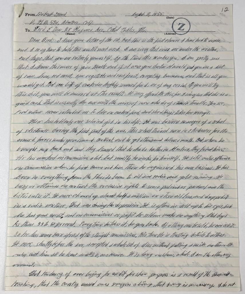 Robert Stroud Twice-Signed 1955 Autograph Letter Signed (Third Party Guaranteed): White lined paper letter, measuring approximately 10.25" x 8", handwritten on the front and reverse and twice signed in black ink by notorious criminal Robert Stroud, better known as the "Birdman of