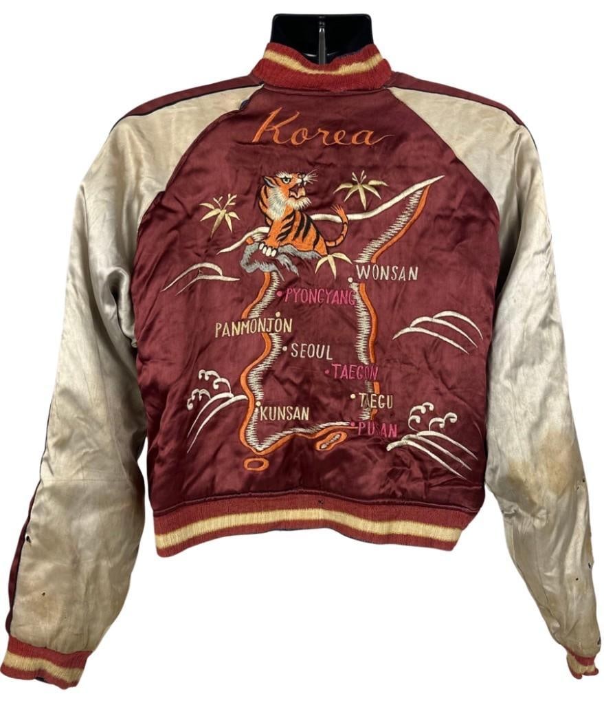 Vintage Original 1950s Korean War-Era Reversible Korea Satin Jacket (Chip Rachlin Collection): Vintage original 1950s Korean War-era reversible satin souvenir jacket, measuring 22.25" x 21.5". The dark maroon satin side features two embroidered orange and pink dragon emblems on the chest, with