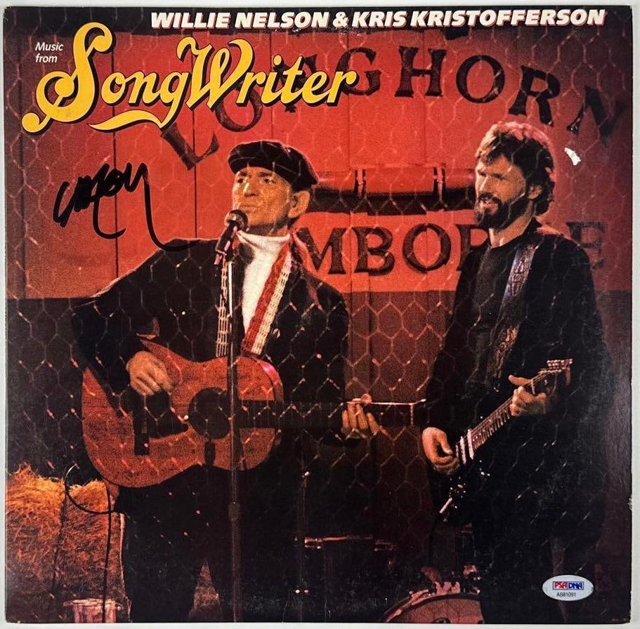 Willie Nelson & Kris Kristofferson Signed "Music From Song Writer" Album (PSA/DNA): "Music From Song Writer" album signed on the cover in black felt tip marker by musician Willie Nelson. Measuring approximately 12" x 12" and in very good condition, with some signs of scattered wear.