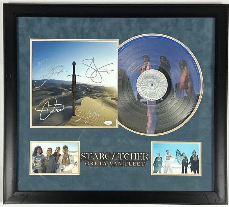 Greta Van Fleet Group Signed "Starcatcher" Album Framed Display (JSA): "Starcatcher" album framed display signed on the cover in silver felt tip marker by Greta Van Fleet band members Josh Kiszka, Jake Kiszka, X, and X. Signed album measures approximately 12" x 12" and i