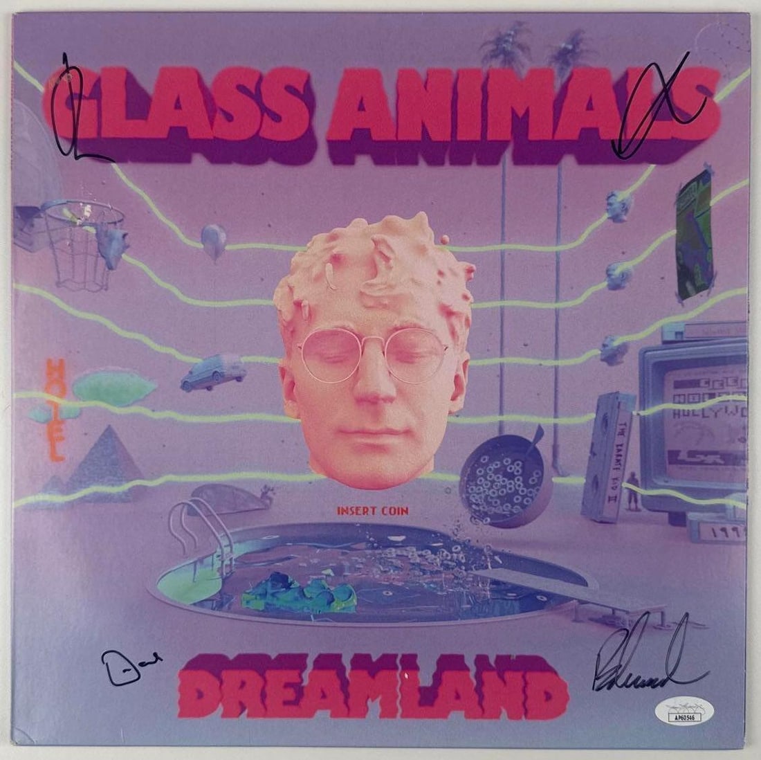 Glass Animals Fully Group Signed "Dreamland" Album (4 Sigs) (JSA Authentication): "Dreamland" album signed on the cover in black felt tip marker by Glass Animals band members Dave Bayley, Drew MacFarlane, Edmund Irwin-Singer, and Joe Seaward. Measuring approximately 12" x 12" and i