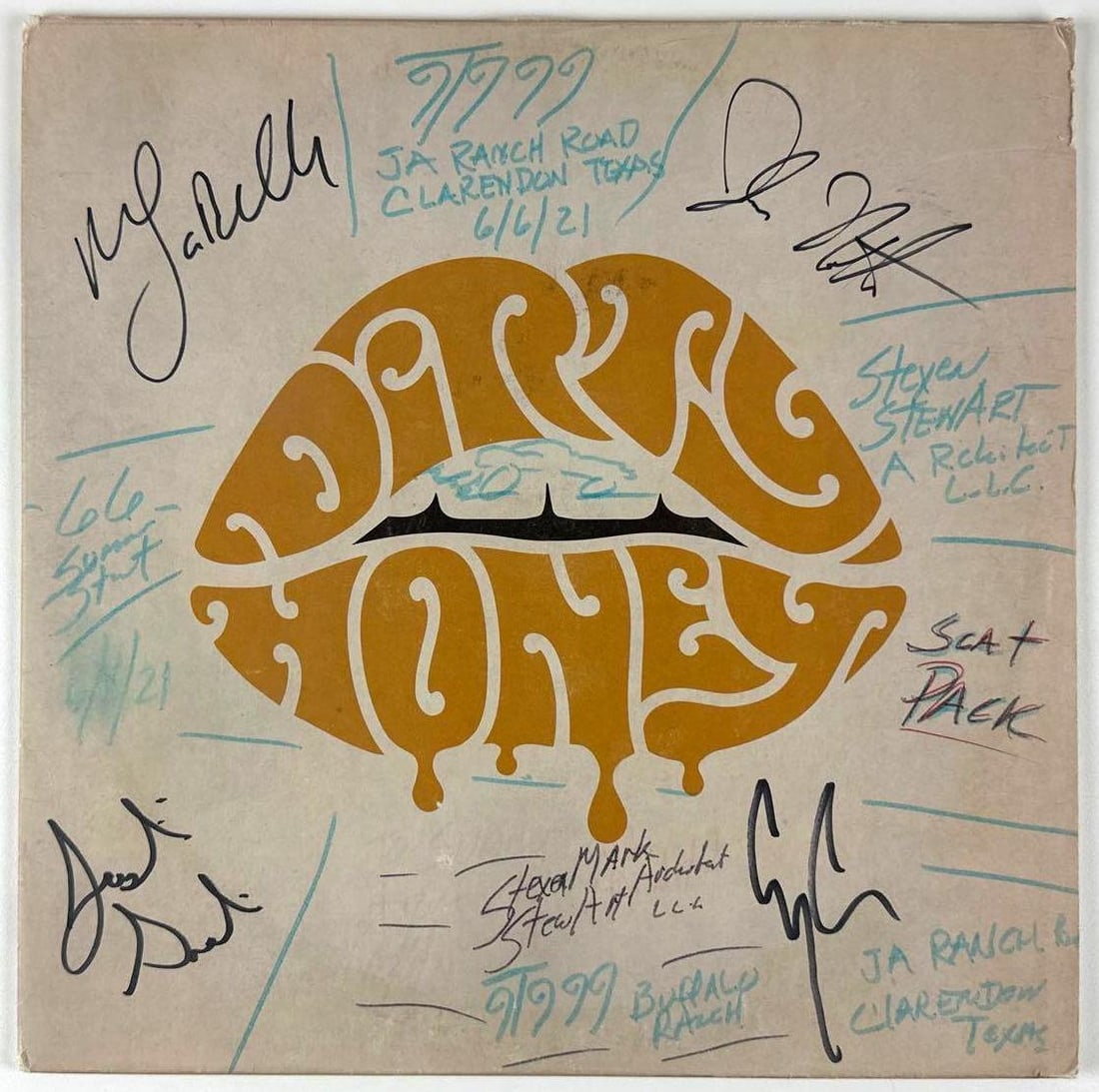 Dirty Honey Signed "Dirty Honey" Self-Titled Album (JSA Authentication): "Dirty Honey" self-titled album signed on the cover in black felt tip marker by Dirty Honey band members Marc LaBelle, John Notto, Justin Smolian, and Corey Coverstone. Features additional