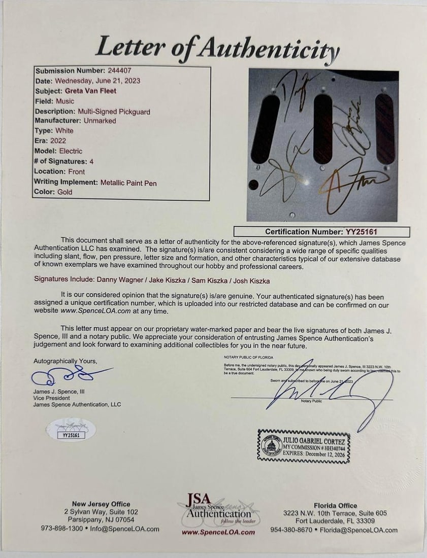 Greta van Fleet Group Stratocaster Pickguard (4 Sigs) (JSA Authentication) - 2