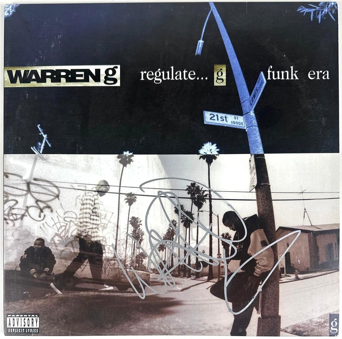 Warren G Signed "Regulate...G Funk Era" Album (Beckett Authentication): "Regulate...G Funk Era" album signed on the cover in silver felt tip marker by rapper Warren G. Measuring approximately 12" x 12" and in fine condition. Record is included. Authenticated by Beckett