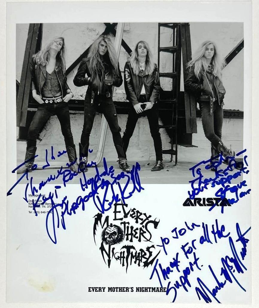 Every Mother's Nightmare Group Signed 8" x 10" Promo Photo (3 Sigs) (Third Party Guaranteed): Black-and-white 8" x 10" promotional photo signed in blue felt tip marker by Every Mother's Nightmare band members Rick Ruhl, who inscribed "Thanx" before his signature, Steve Malone, who inscribed "T