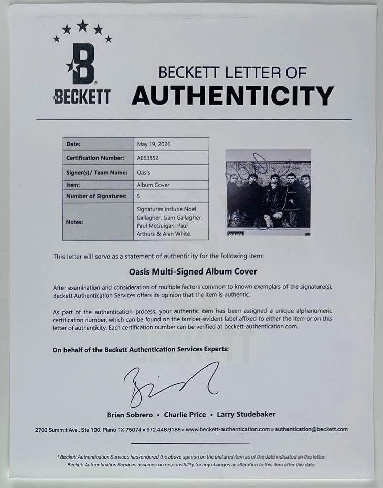 Oasis Fully Group Signed 8" x 10" Promo Photo (5 Sigs) (Beckett Authentication) - 2