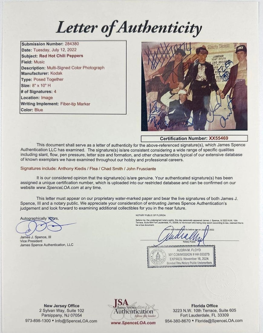 Red Hot Chili Peppers Fully Group Signed 8" x 10" Photo (4 Sigs) (JSA Authentication) - 7