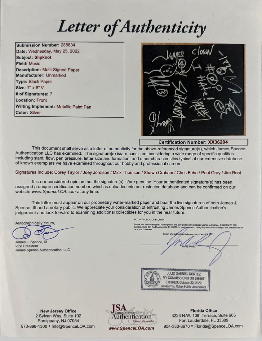Slipknot Group Signed 8" x 7" Cut Framed Display (7 Sigs) (JSA Authentication) - 4