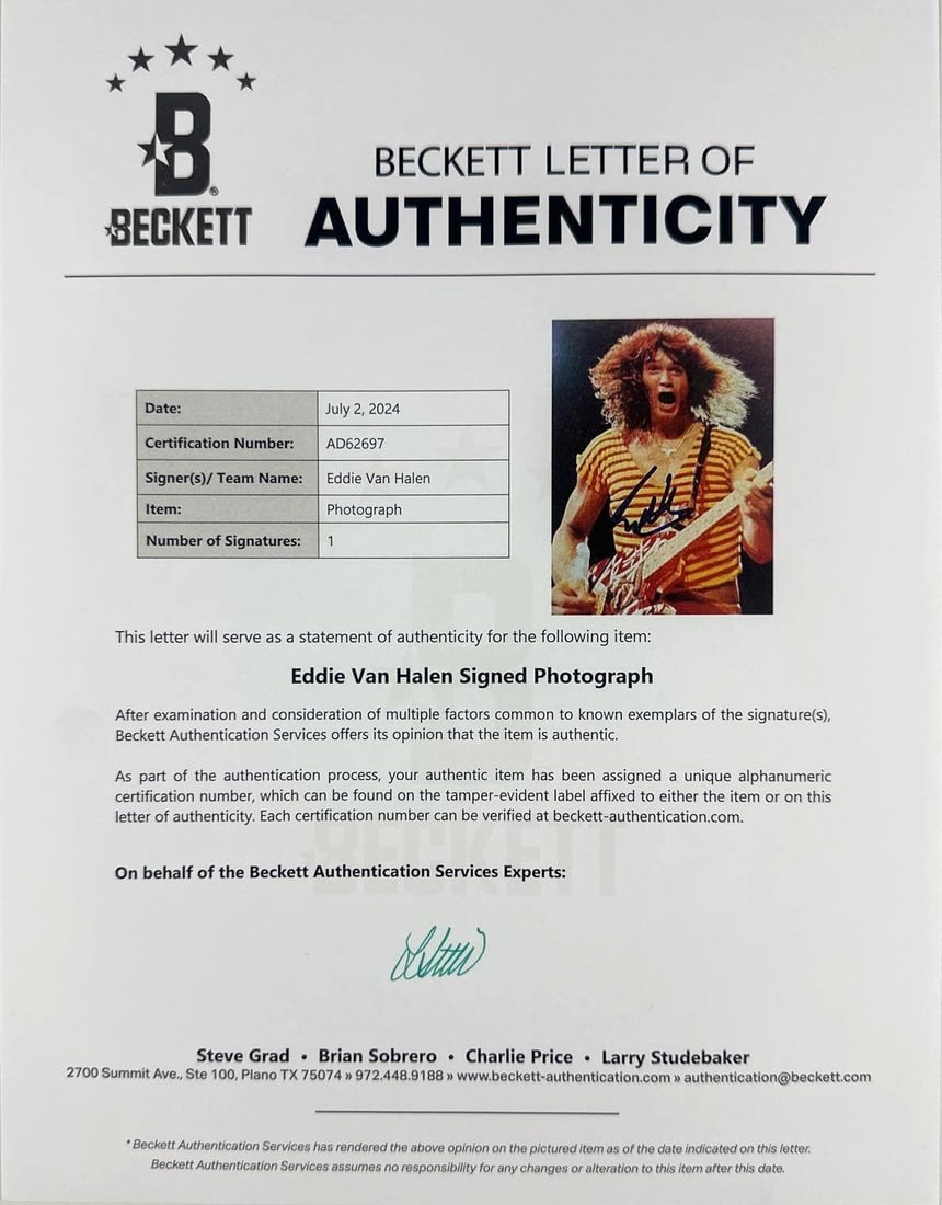 Van Halen: Eddie Van Halen Signed 8" x 10" Photo (Beckett Authentication) - 3