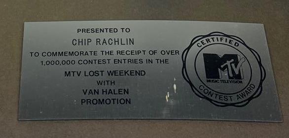 Van Halen "Lost Weekend" MTV Contest Award Presented to Chip Rachlin - 2