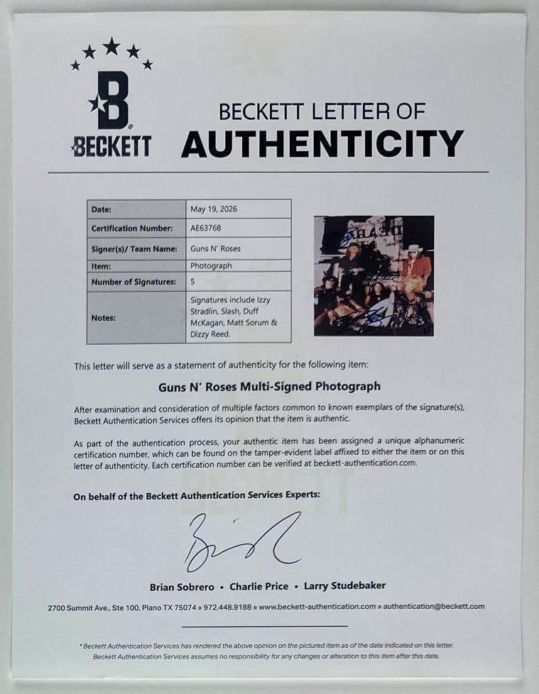 Guns N’ Roses Group Signed 8" x 10" Photo (5 Sigs) (Beckett Authentication) - 2