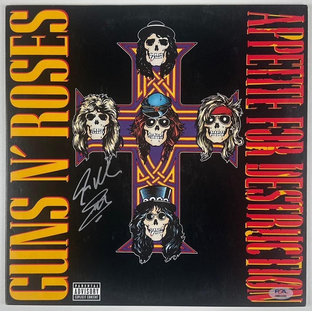 Guns N' Roses: Steven Adler Signed "Appetite For Destruction" Album (PSA/DNA): "Appetite For Destruction" album signed on the cover in silver marker by Guns N' Roses drummer Steven Adler. Measuring approximately 12" x 12" and in good condition with some signs of light scattered